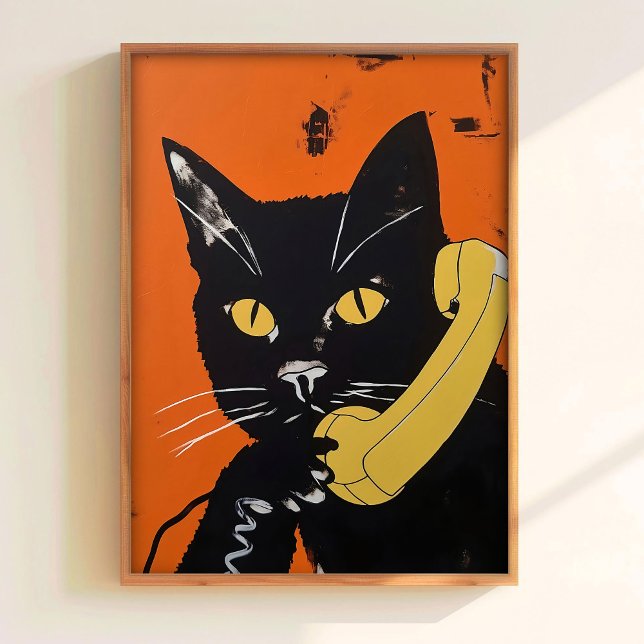 Cat On The Phone Retro Poster Funny Cat Print Vint (Creator Uploaded)