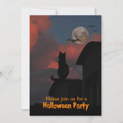 Cat on the roof with a full moon Halloween Invitation