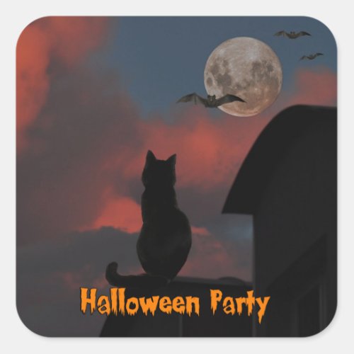 Cat on the roof with a full moon Halloween Square Sticker