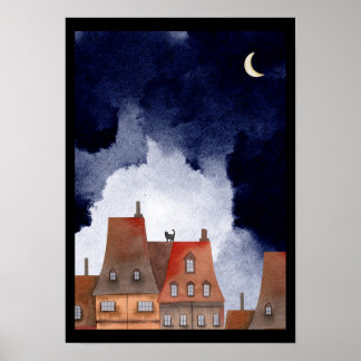 Cat on the roofs of Paris in the Night Watercolor Poster