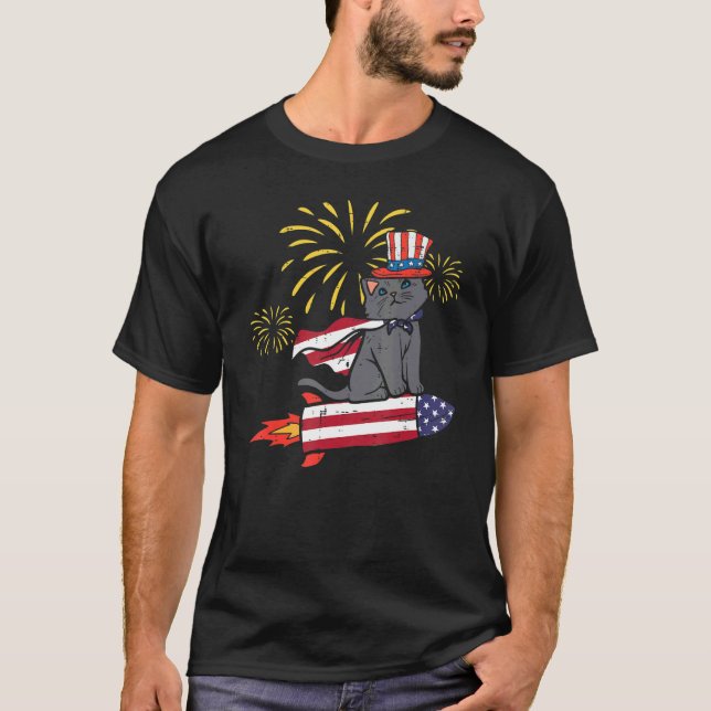 Cat On Us Flag Rocket Cute 4th July Patriotic Men  T-Shirt (Front)
