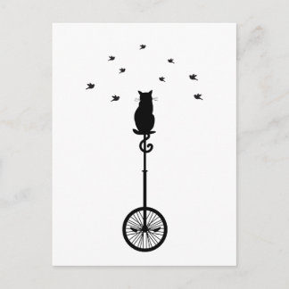 cat on vintage bicycle with birds postcard