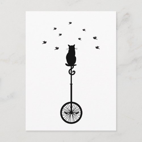 cat on vintage bicycle with birds postcard