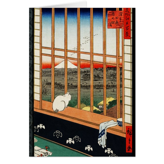 Cat on Window with View of Mt Fuji by Hiroshige Greeting Card