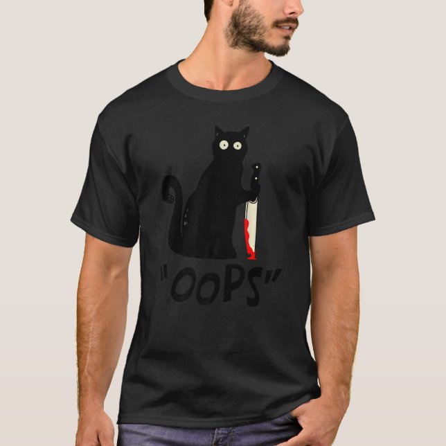 Cat Oops  Black Cat Murderous Cat With Knife Hallo T-Shirt (Front)