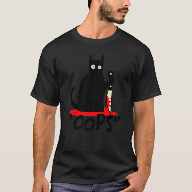 Cat Oops Black Cat Murderous Cat With Knife Hallow T-Shirt (Front)