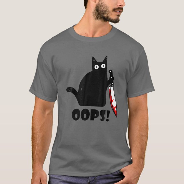 Cat Oops! Funny Black Cat Murderous Cat With Knife T-Shirt (Front)