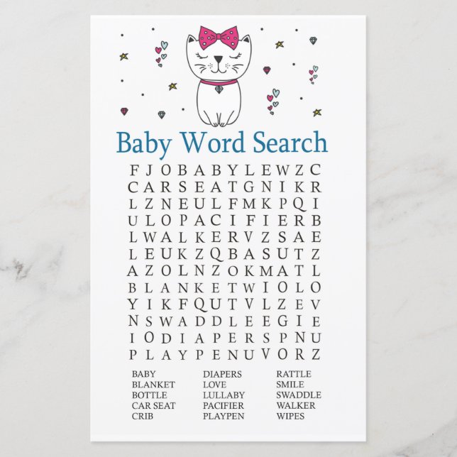 Cat or Kitten Baby Shower Word Search Game (Front)