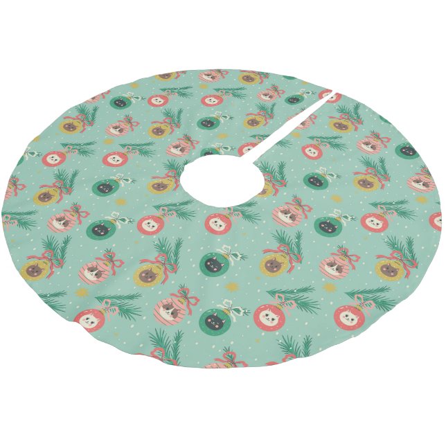 Cat Ornaments on Tree Pattern Brushed Polyester Tree Skirt (Angled)
