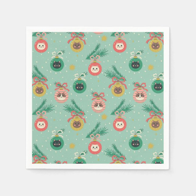 Cat Ornaments on Tree Pattern Napkins (Front)
