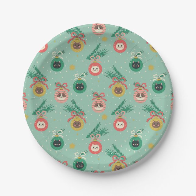 Cat Ornaments on Tree Pattern Paper Plates (Front)