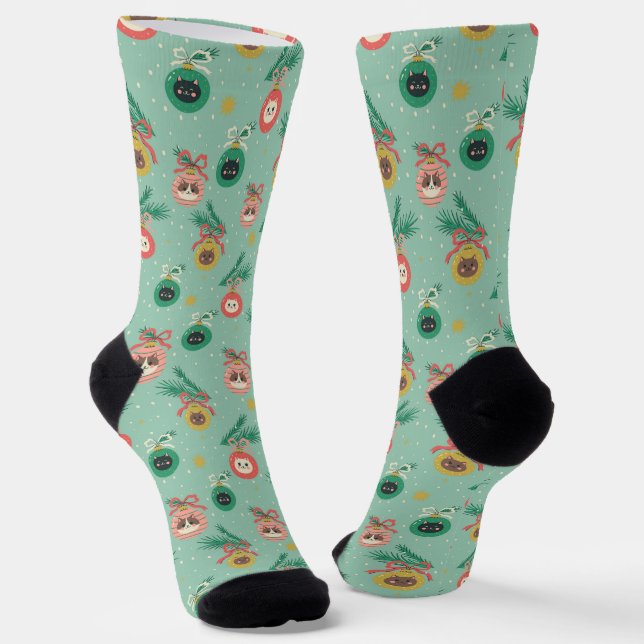 Cat Ornaments on Tree Pattern Socks (Angled)