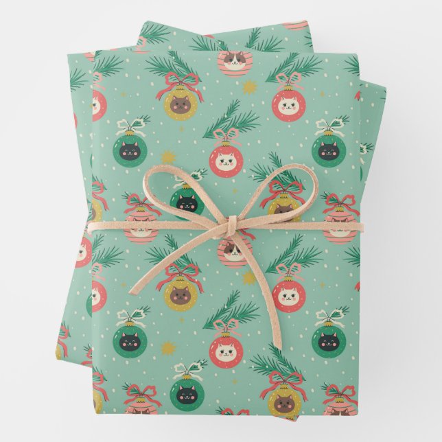 Cat Ornaments on Tree Pattern Wrapping Paper Sheets (In situ)
