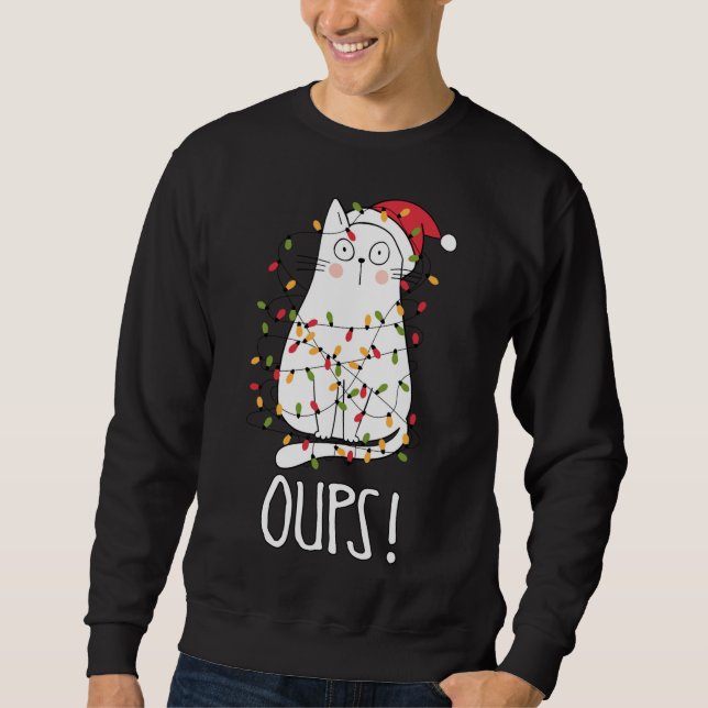 Cat Oups! White Cat Tangled Up In Christmas Tree L Sweatshirt (Front)