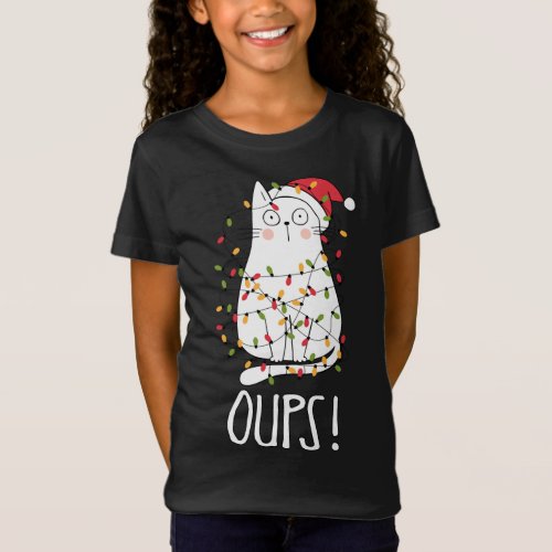 Cat Oups White Cat Tangled Up In Christmas Tree L T_Shirt