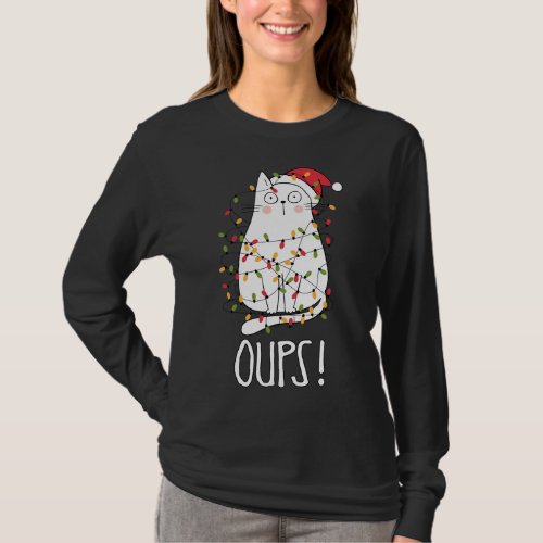 Cat Oups White Cat Tangled Up In Christmas Tree L T_Shirt