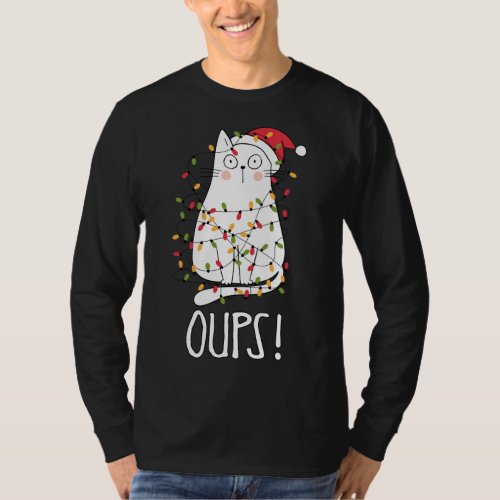 Cat Oups White Cat Tangled Up In Christmas Tree L T_Shirt