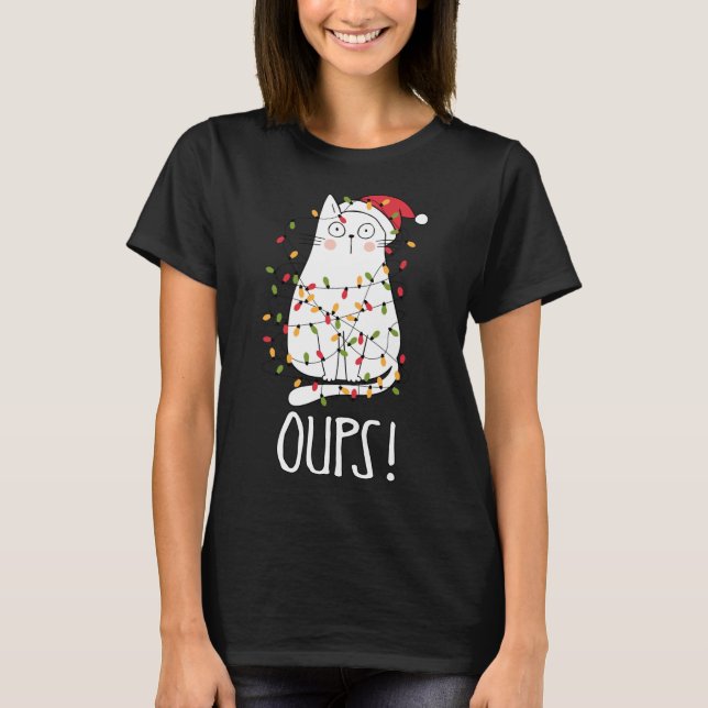 Cat Oups! White Cat Tangled Up In Christmas Tree L T-Shirt (Front)