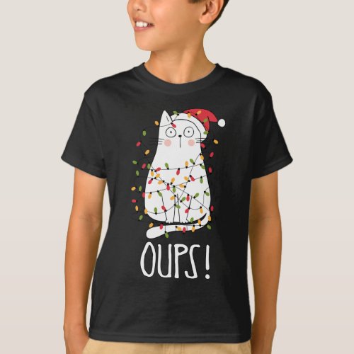 Cat Oups White Cat Tangled Up In Christmas Tree L T_Shirt