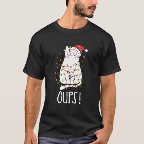 Cat Oups White Cat Tangled Up In Tree Lights T_Shirt