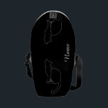 Cat outline messenger bag<br><div class="desc">This messenger bag is illustrated with two white outlines of a cat silhouette on a black background. It includes space for a name written in white along the top of the bag.</div>