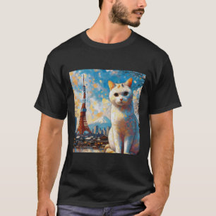 Cat Overlooking Tokyo Tower With Mount Fuji In The T-Shirt
