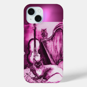 CAT ,OWL AND MUSICAL INSTRUMENTS IN PINK PURPLE iPhone 15 CASE