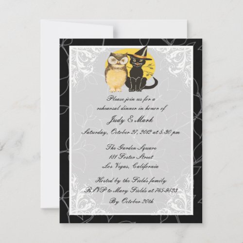Cat &amp; Owl Halloween Rehearsal Dinner Invitation
