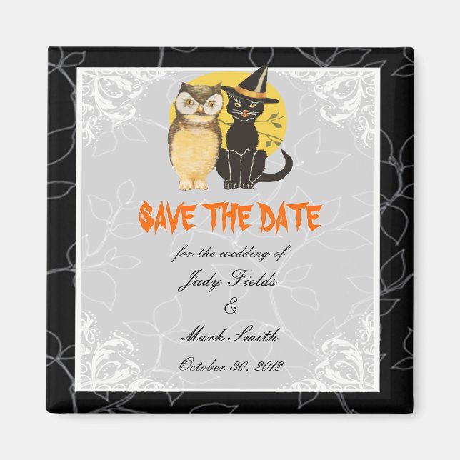 Cat & Owl Halloween Wedding Save The Date Magnet (Front)