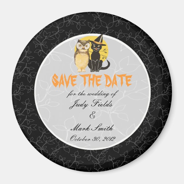 Cat & Owl Halloween Wedding Save The Date Magnet (Front)