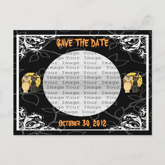Cat & Owl Halloween Wedding Save The Date Postcard (Front)