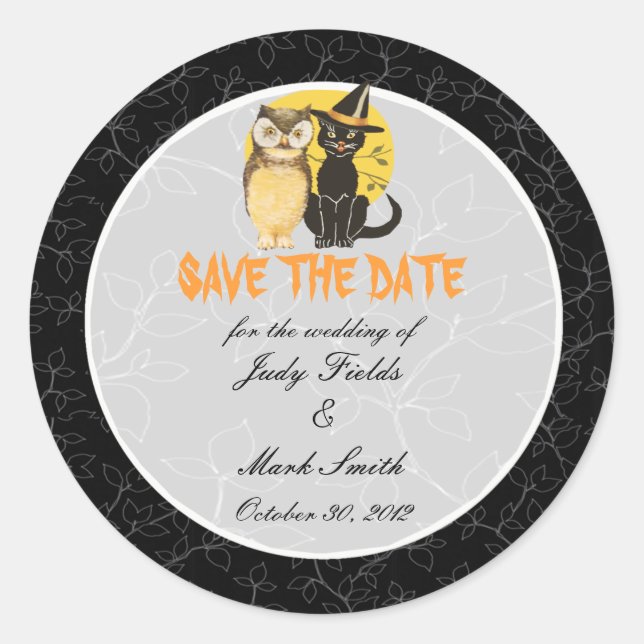 Cat & Owl Halloween Wedding Save The Date Stickers (Front)