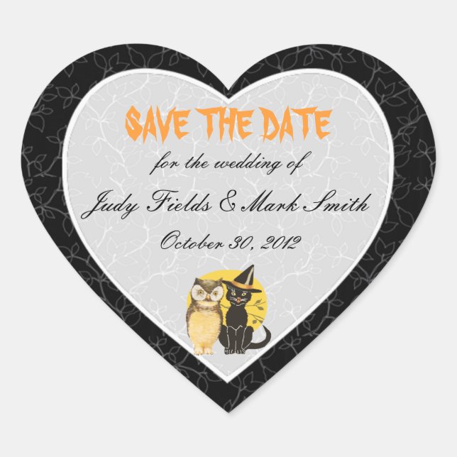 Cat & Owl Halloween Wedding Save The Date Stickers (Front)