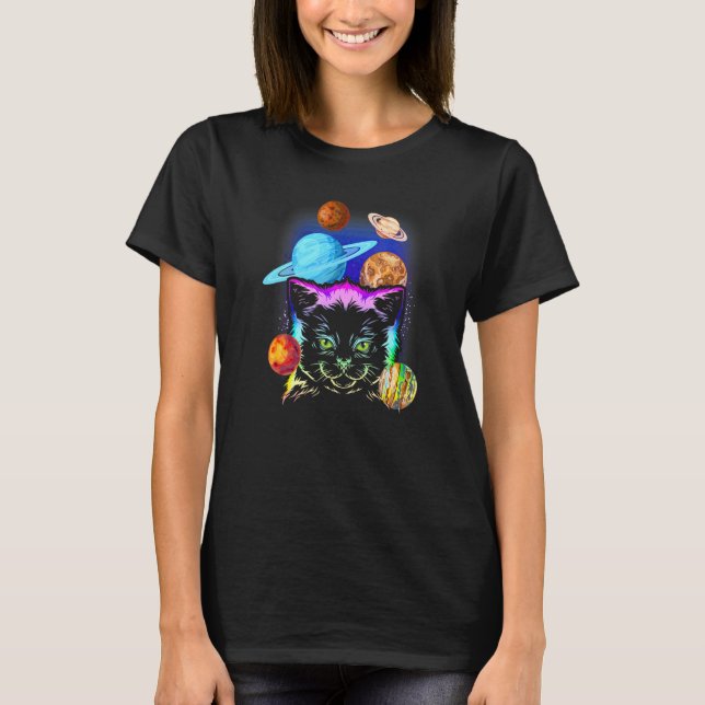 Cat Owner Galaxy Planets Cat T-Shirt (Front)