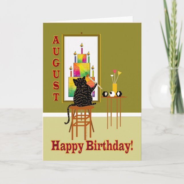 Cat Painting Birthday Cake AUGUST Card (Front)