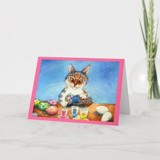 Cat painting Easter eggs with tail Holiday Card