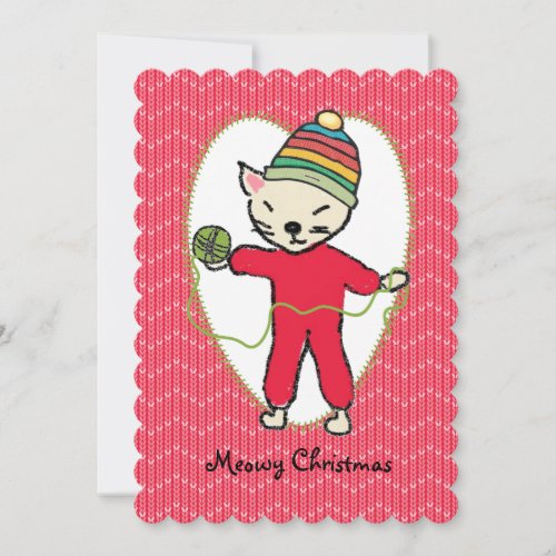 Cat pajamas yarn knitting crochet Christmas Holiday Card