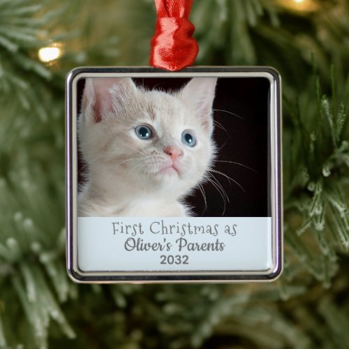 Cat Parents 1st Christmas Boy Kitten DIY Photo Metal Ornament