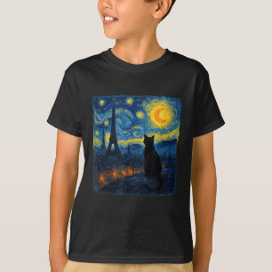 Cat Paris Eiffel Tower Starry Night Van Gogh Inspi T-Shirt