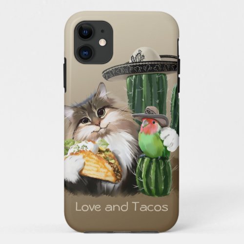 Cat parrot and tacos in paw iPhone 11 case