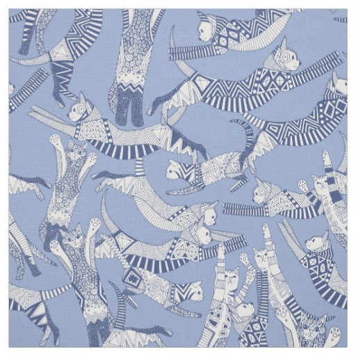 cat party blue fabric