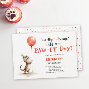 Cat Party Cute Kitten Red Balloon Kids Birthday Invitation