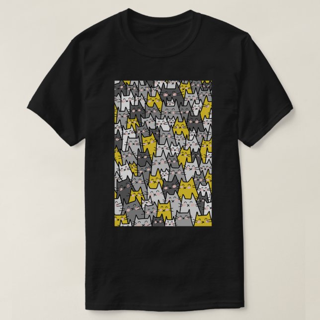 Cat Party Gray Mustard Yellow  T-Shirt (Design Front)