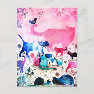 Cat Party House Glitter Art Pink Watercolor Holiday Postcard