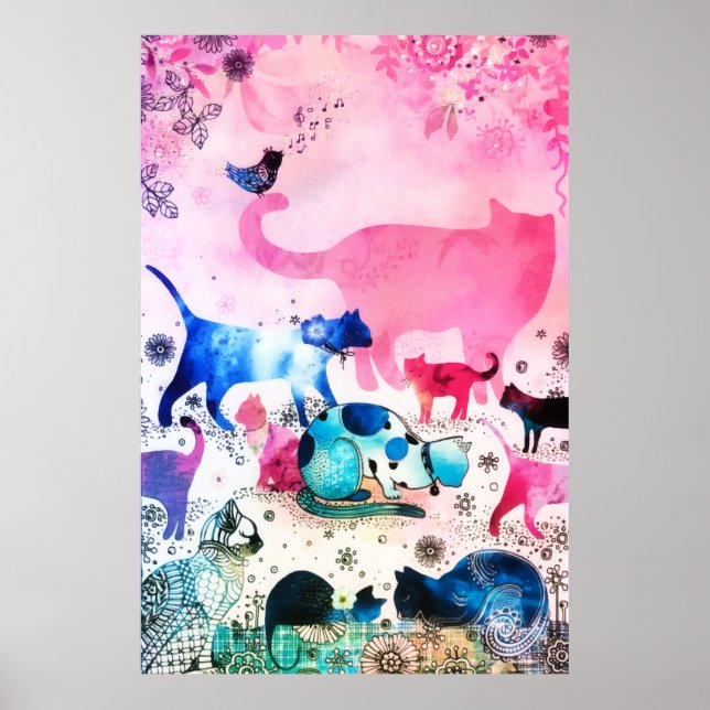 Cat Party House Glitter Art Pink Watercolor Poster (Front)
