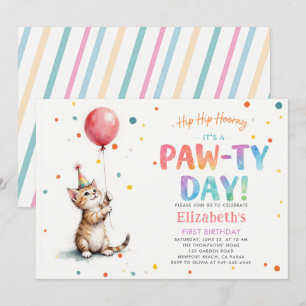 Cat Party Kitten Colorful Red Balloon 1st Birthday Invitation