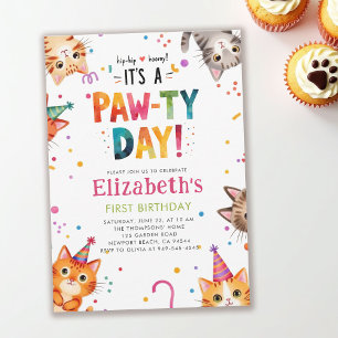 Cat Party Kittens Colorful Whimsical 1st Birthday Invitation