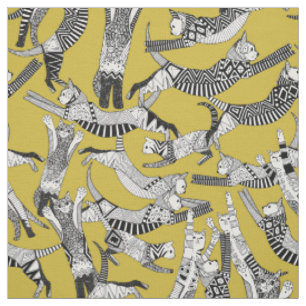 cat party ochre yellow fabric