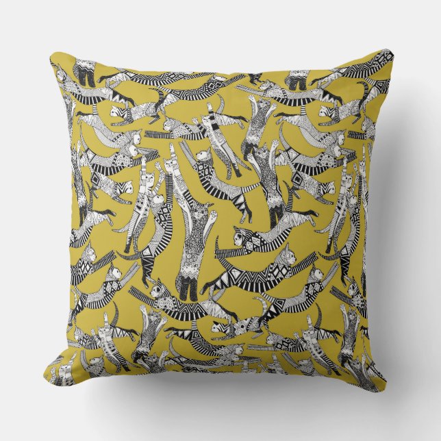 cat party ochre yellow throw pillow (Front)