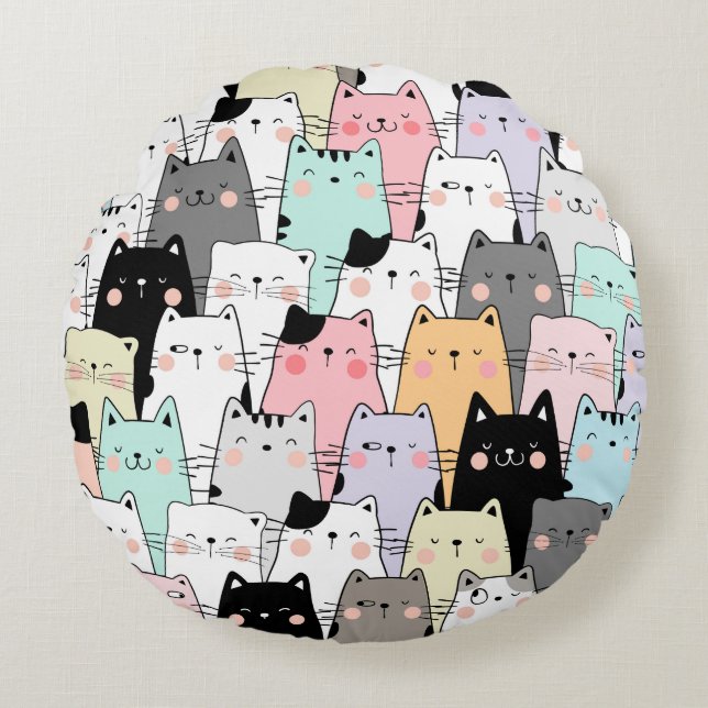 Cat Party Round Pillow (Front)